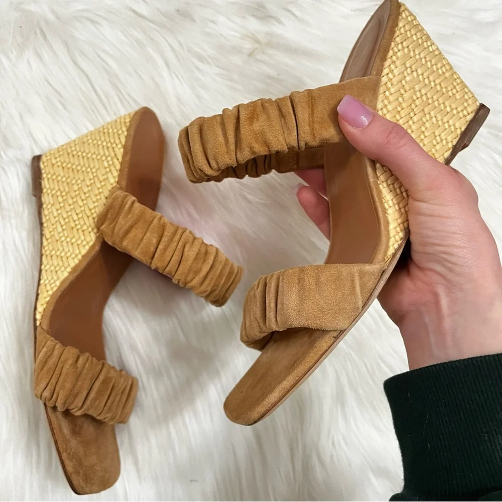 STAUD Tan Suede Frankie Ruched Leather Caramel Wedges Strappy Sandals sz. 9
